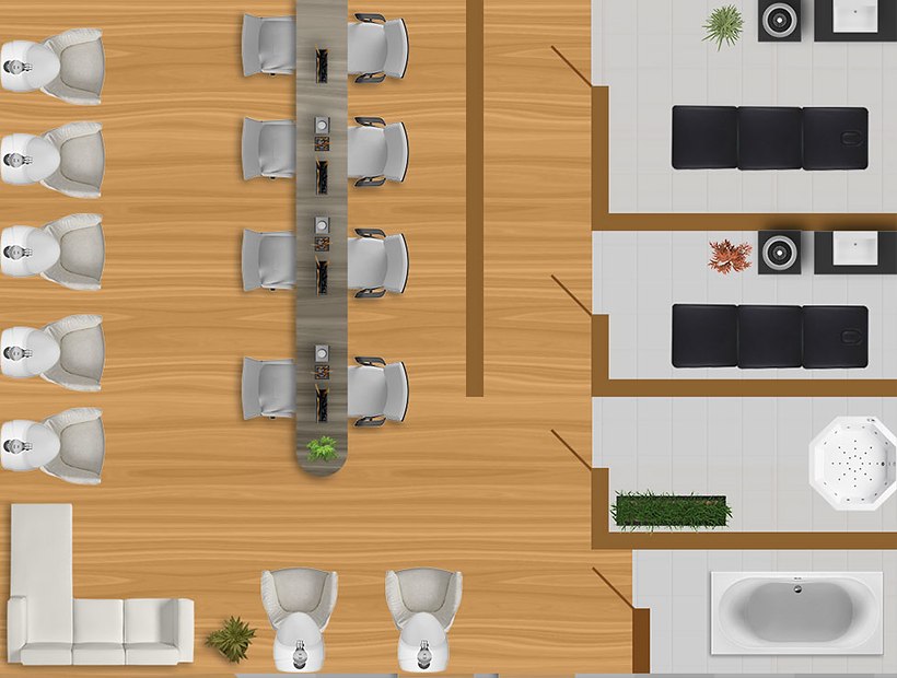XD SPA — planta de salão com zona de manicure, sauna e banheira de hidromassagem